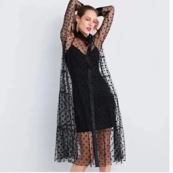 ZARA Sheer Polka Dot Tulle Button Down Short Dress in Black Size XS - Picture 9 of 9
